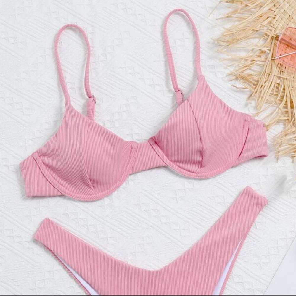 SHEIN pink ribbed Underwire High Cut Bikini Top